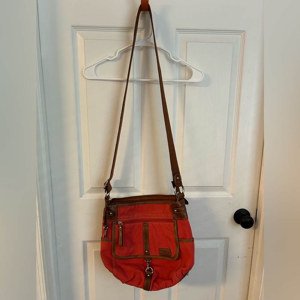 Fossil Red Canvas with Leather Accents Crossbody Purse Handbag Adjustable Strap - Picture 15 of 15